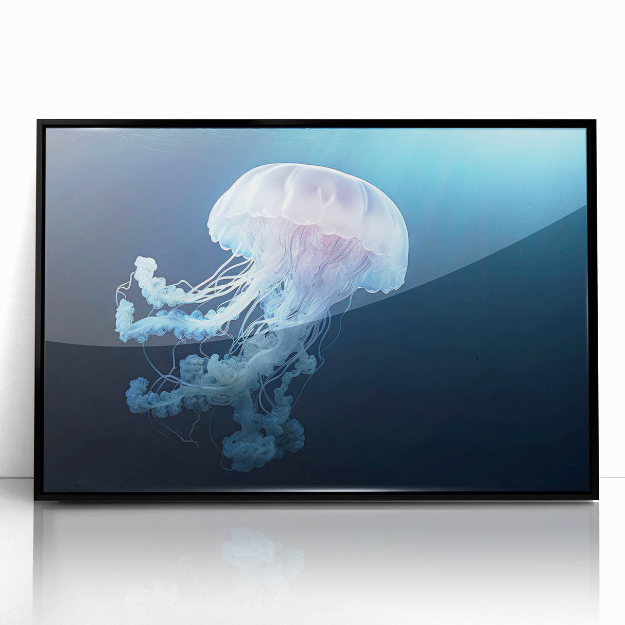 Framed wall art showcasing a vibrant jellyfish design in shades of blue and purple, set against a sleek black frame, perfect for marine life enthusiasts.