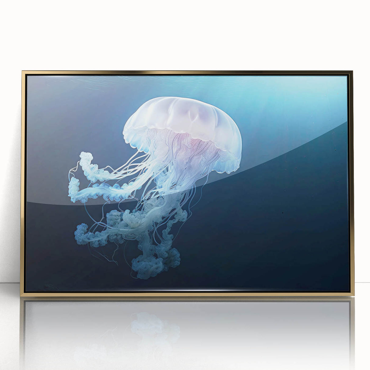 Framed wall art showcasing a stunning jellyfish design in vibrant colors, featuring a gold-acrylic frame that enhances its marine theme, perfect for ocean lovers.