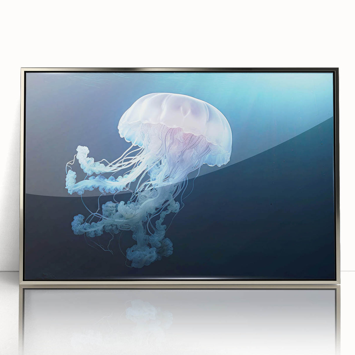 Framed wall art featuring a vibrant jellyfish design in shades of blue and purple, set in a sleek silver frame, ideal for marine life enthusiasts and home decor.
