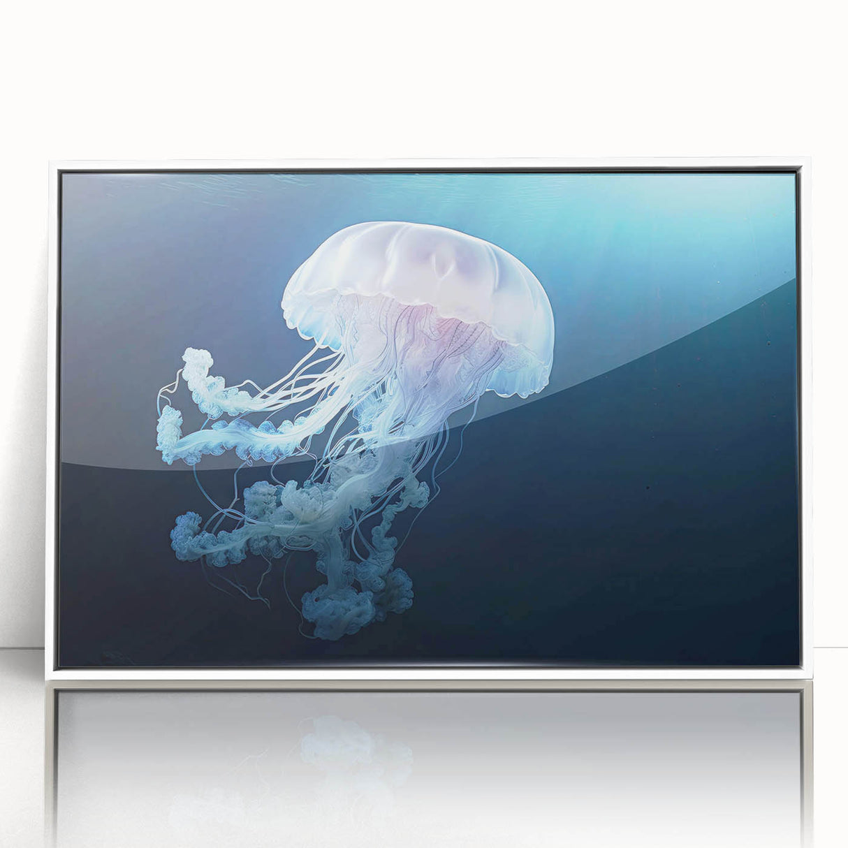 Framed wall art featuring a vibrant jellyfish design in soothing blue and white hues, set against a crisp white background, ideal for marine life enthusiasts.