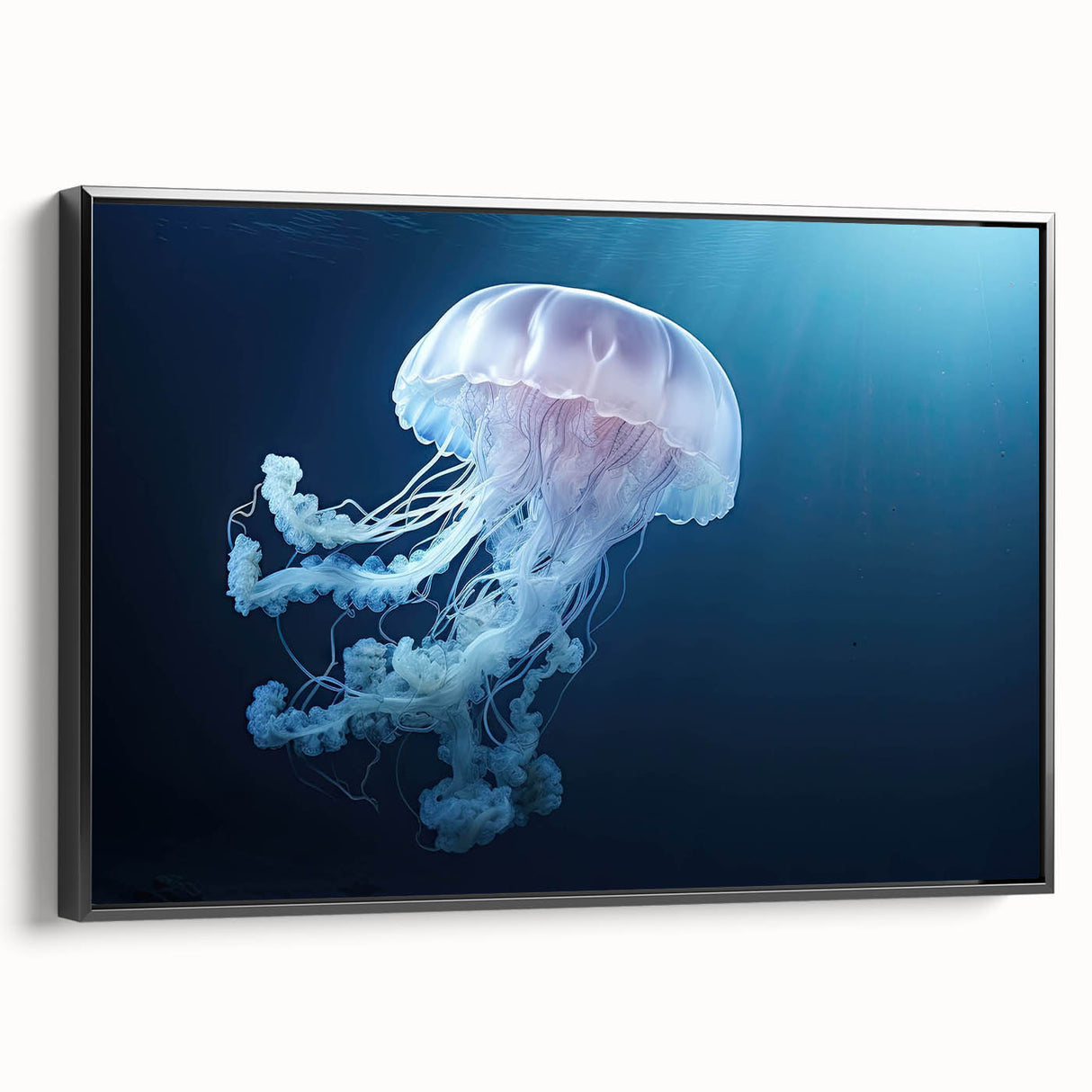 Framed canvas wall art showcasing a vibrant jellyfish design, with intricate details in blue and purple hues, set against a sleek black frame for a modern touch.