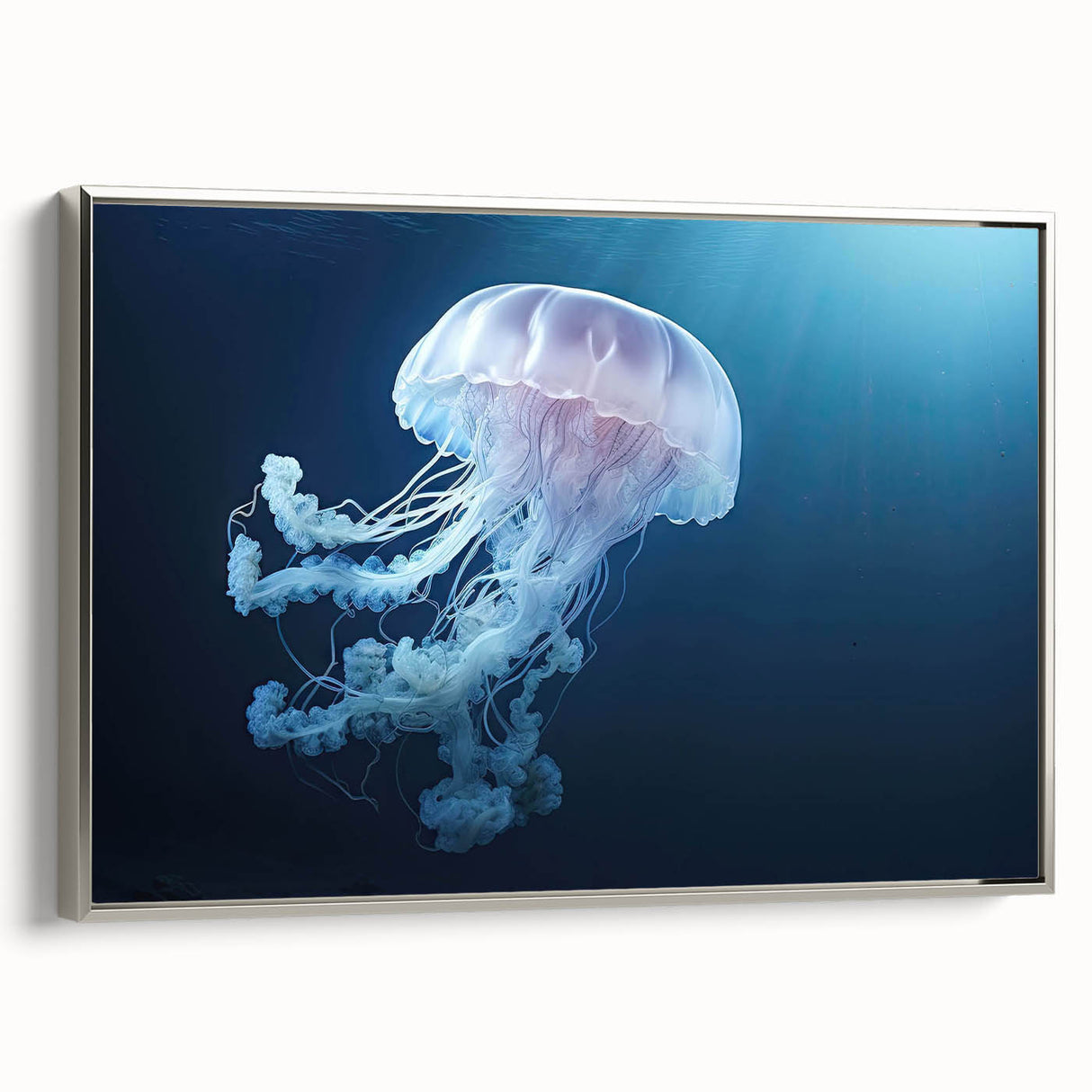 Framed wall art featuring a vibrant marine life jellyfish design on canvas, showcasing a stunning silver frame and colorful details, perfect for ocean-themed decor.