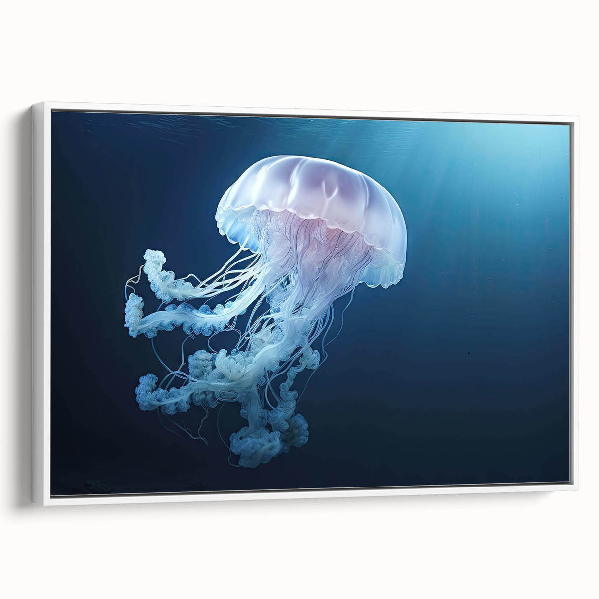 Framed wall art featuring a vibrant jellyfish design in shades of blue and purple, set against a white background, perfect for marine life enthusiasts and home decor.