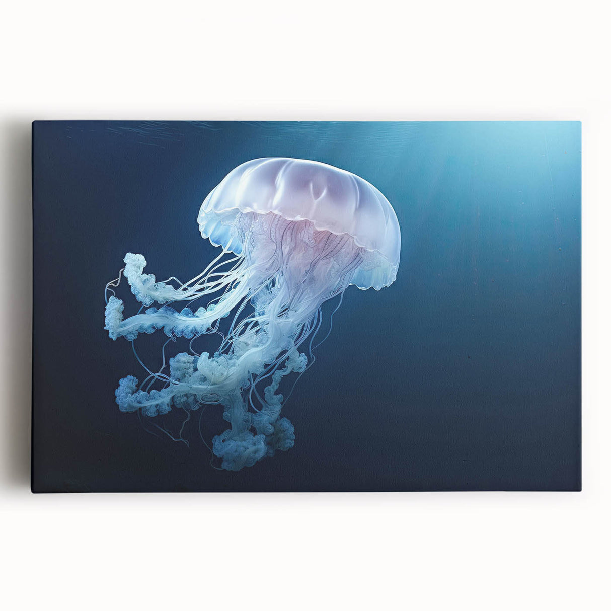 Vibrant marine life art print showcasing an intricately designed jellyfish on stretched canvas, perfect for ocean-themed decor and enhancing home aesthetics.