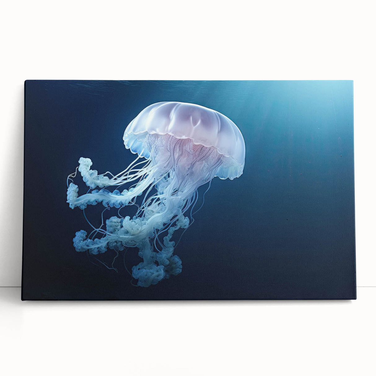 Vibrant jellyfish design on a stretched canvas wall art piece, showcasing intricate details and fluid colors, perfect for marine life enthusiasts and modern decor.