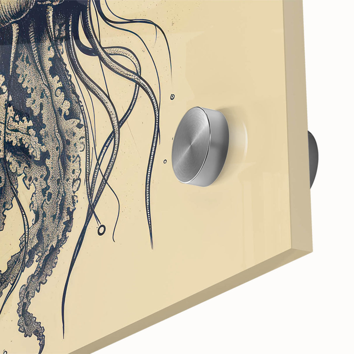 Close-up of a vibrant jellyfish design in an acrylic glass wall art collection, showcasing intricate details and colors, perfect for marine life enthusiasts.