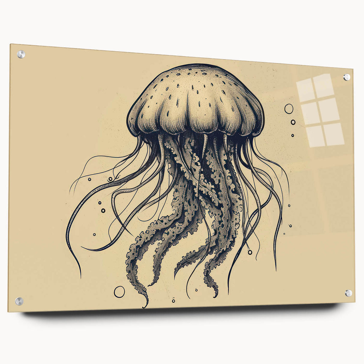 Acrylic glass wall art showcasing a vibrant jellyfish design in a marine life theme, displayed in a side view with decorative pins, perfect for ocean lovers.