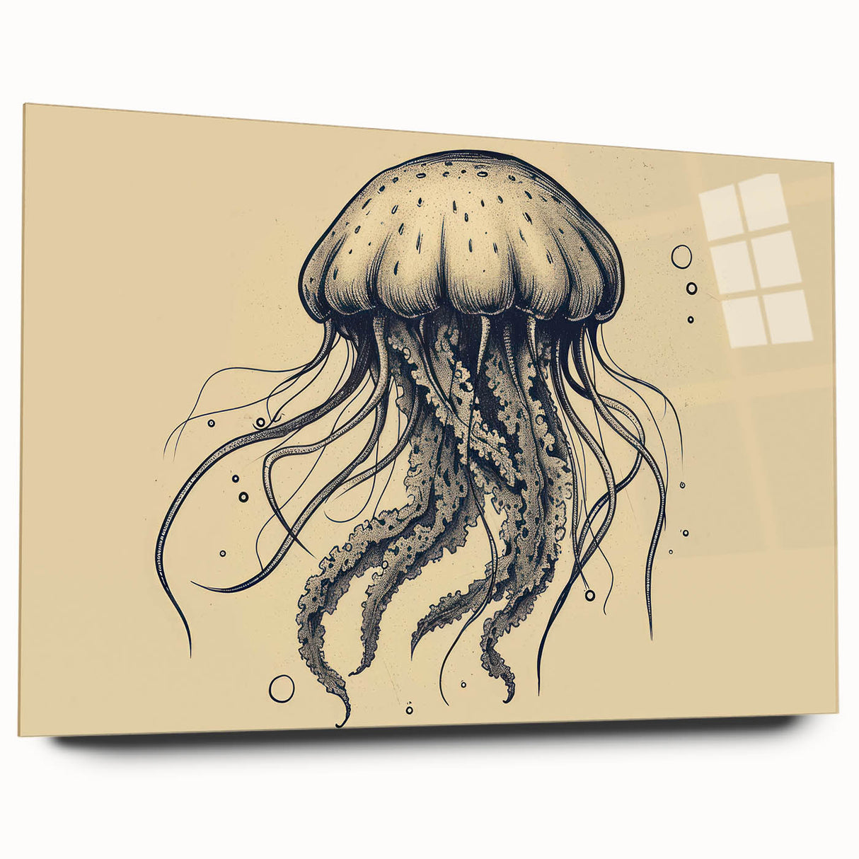 Vibrant jellyfish wall art design displayed in a sleek acrylic glass frame, showcasing a mesmerizing underwater scene with soft blue hues, perfect for marine life enthusiasts.