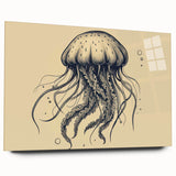 Vibrant jellyfish wall art design displayed in a sleek acrylic glass frame, showcasing a mesmerizing underwater scene with soft blue hues, perfect for marine life enthusiasts.