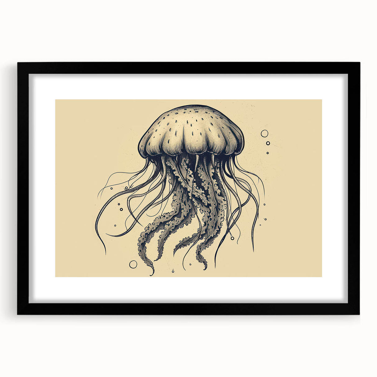 Black-framed wall art featuring a vibrant jellyfish design in a colorful marine life theme, perfect for ocean-themed decor. Ideal for enhancing any living space.