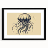 Black-framed wall art featuring a vibrant jellyfish design in a colorful marine life theme, perfect for ocean-themed decor. Ideal for enhancing any living space.