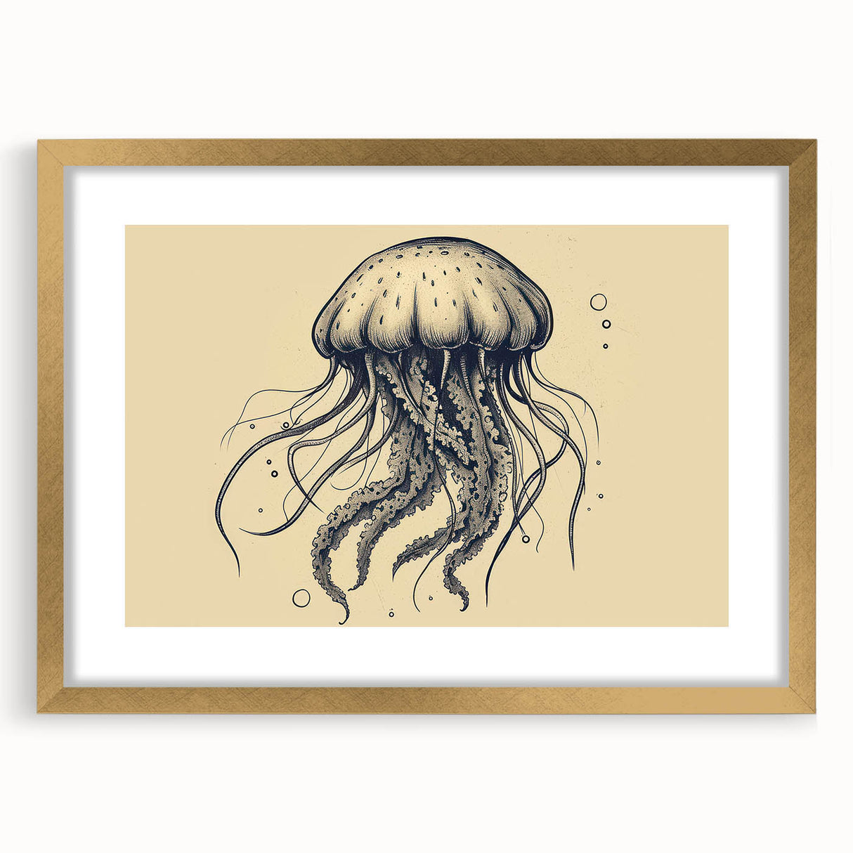 Elegant framed wall art displaying a mesmerizing jellyfish design in vibrant colors, set against a gold mat. Perfect for marine life enthusiasts and modern decor.