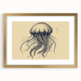 Elegant framed wall art displaying a mesmerizing jellyfish design in vibrant colors, set against a gold mat. Perfect for marine life enthusiasts and modern decor.