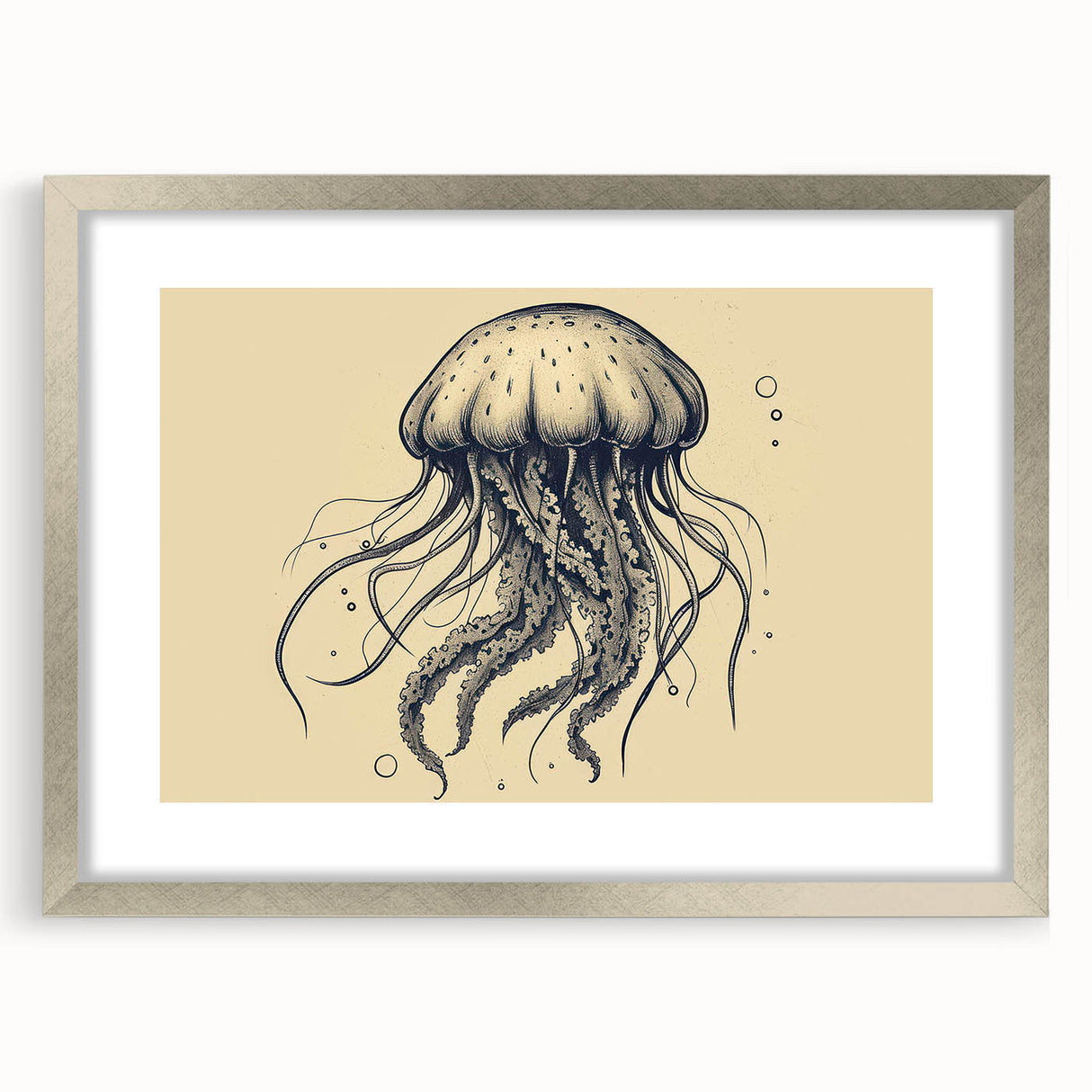 Elegant wall art featuring a striking jellyfish design in vibrant colors, framed with a sleek silver mat. Perfect for marine life enthusiasts and modern decor.