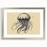 Elegant wall art featuring a striking jellyfish design in vibrant colors, framed with a sleek silver mat. Perfect for marine life enthusiasts and modern decor.