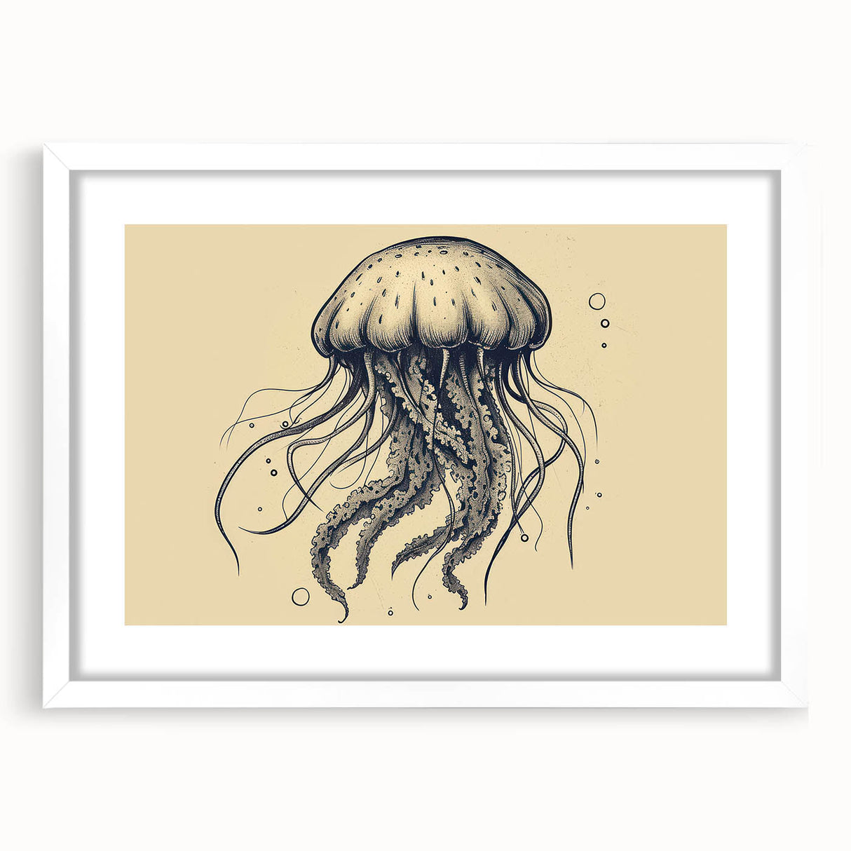 Stylish framed wall art featuring a vibrant jellyfish design in shades of blue and purple, perfect for marine life enthusiasts, enhancing home decor with its aquatic theme.