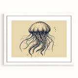 Stylish framed wall art featuring a vibrant jellyfish design in shades of blue and purple, perfect for marine life enthusiasts, enhancing home decor with its aquatic theme.