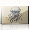 Framed wall art featuring a vibrant jellyfish design against a black background, showcasing intricate details and colorful marine life elements, perfect for ocean-themed decor.