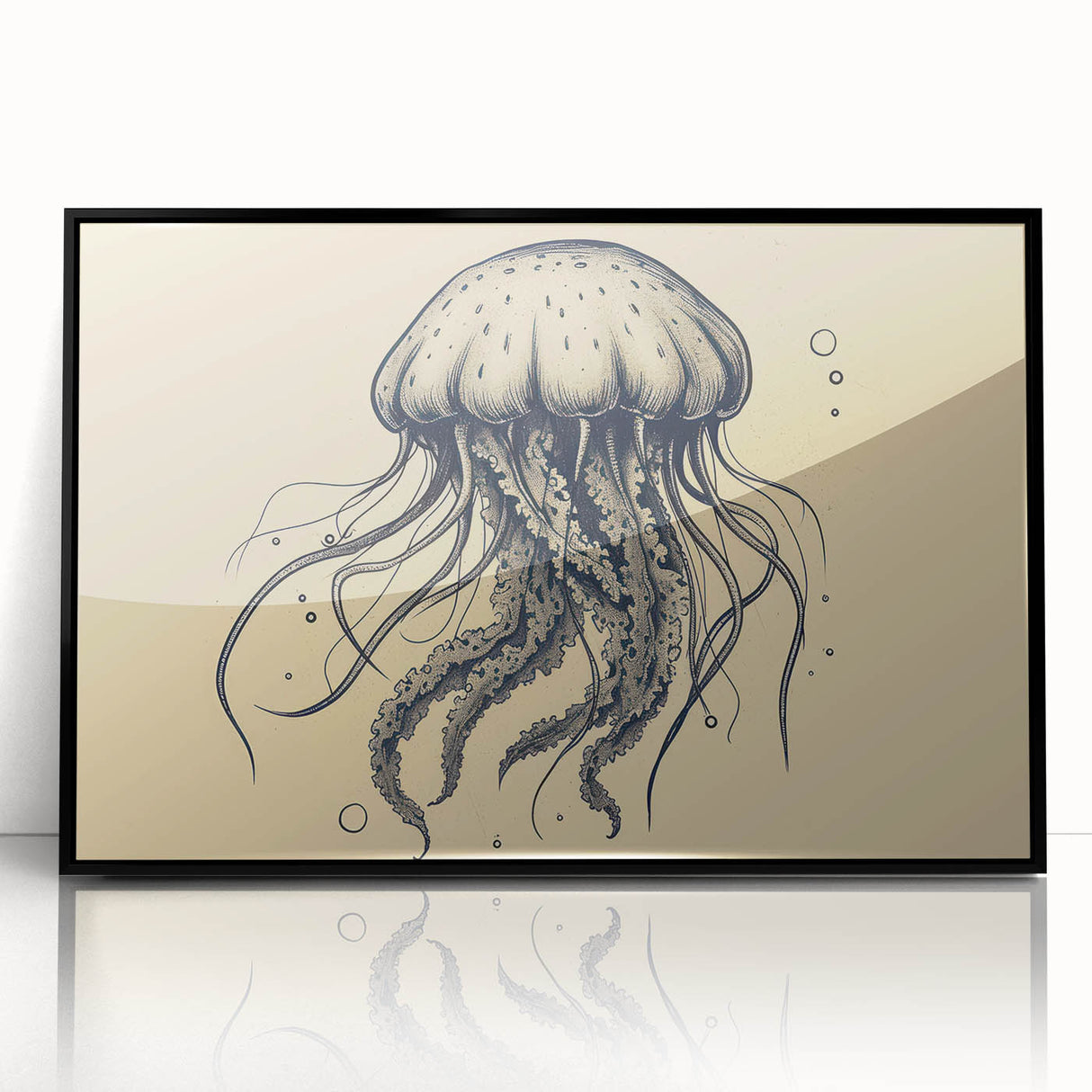 Framed wall art featuring a vibrant jellyfish design against a black background, showcasing intricate details and colorful marine life elements, perfect for ocean-themed decor.