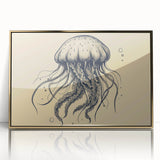 Framed wall art featuring a vibrant jellyfish design in blue and gold, showcasing intricate marine life details, perfect for ocean-themed decor.