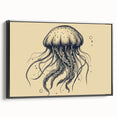 Framed canvas wall art showcasing a vibrant jellyfish design in shades of blue and purple, displayed from a black side view, perfect for marine-themed decor.