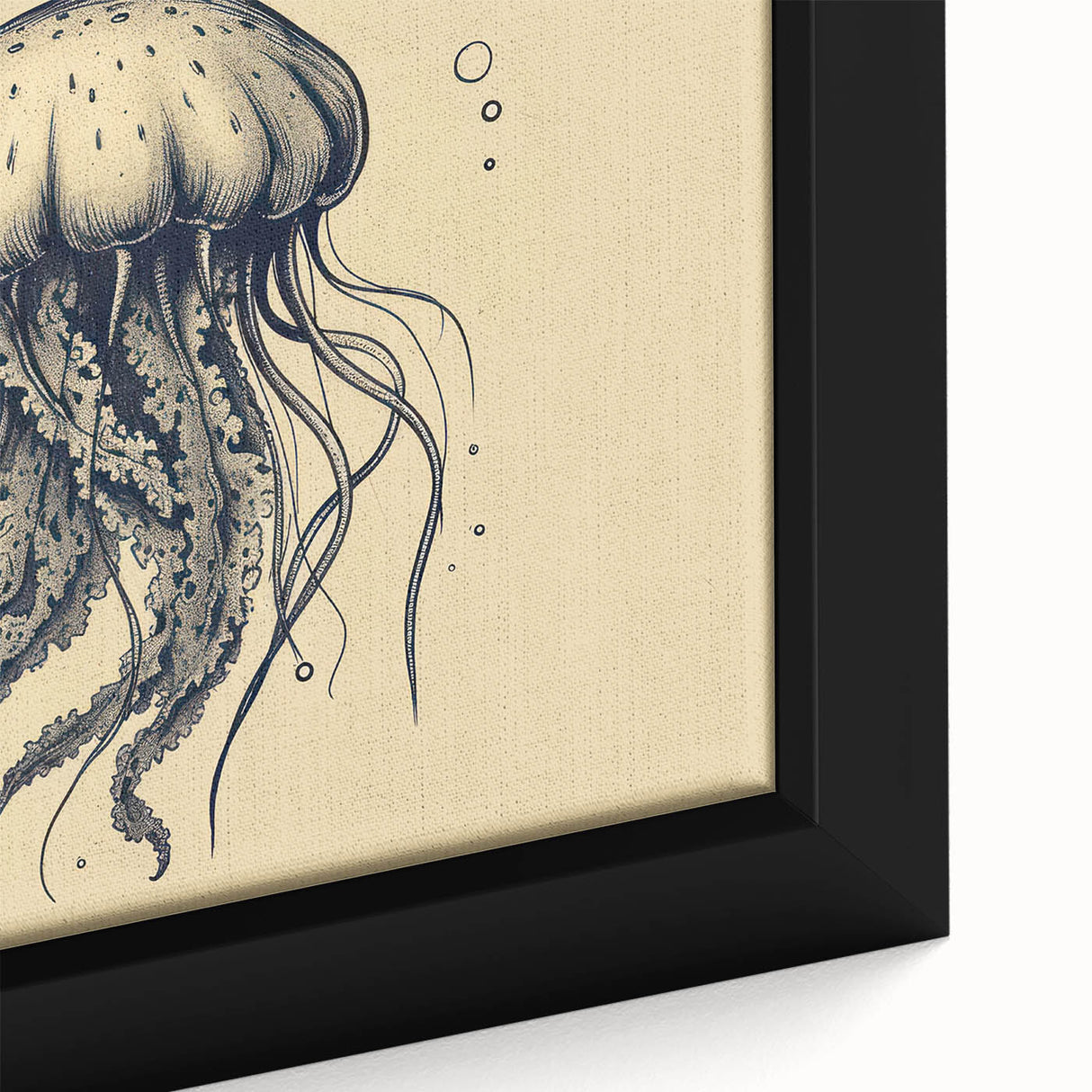 Close-up of a vibrant jellyfish design wall art piece, featuring intricate details and vivid colors on a framed canvas, enhancing marine-themed decor.