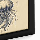 Close-up of a vibrant jellyfish design wall art piece, featuring intricate details and vivid colors on a framed canvas, enhancing marine-themed decor.