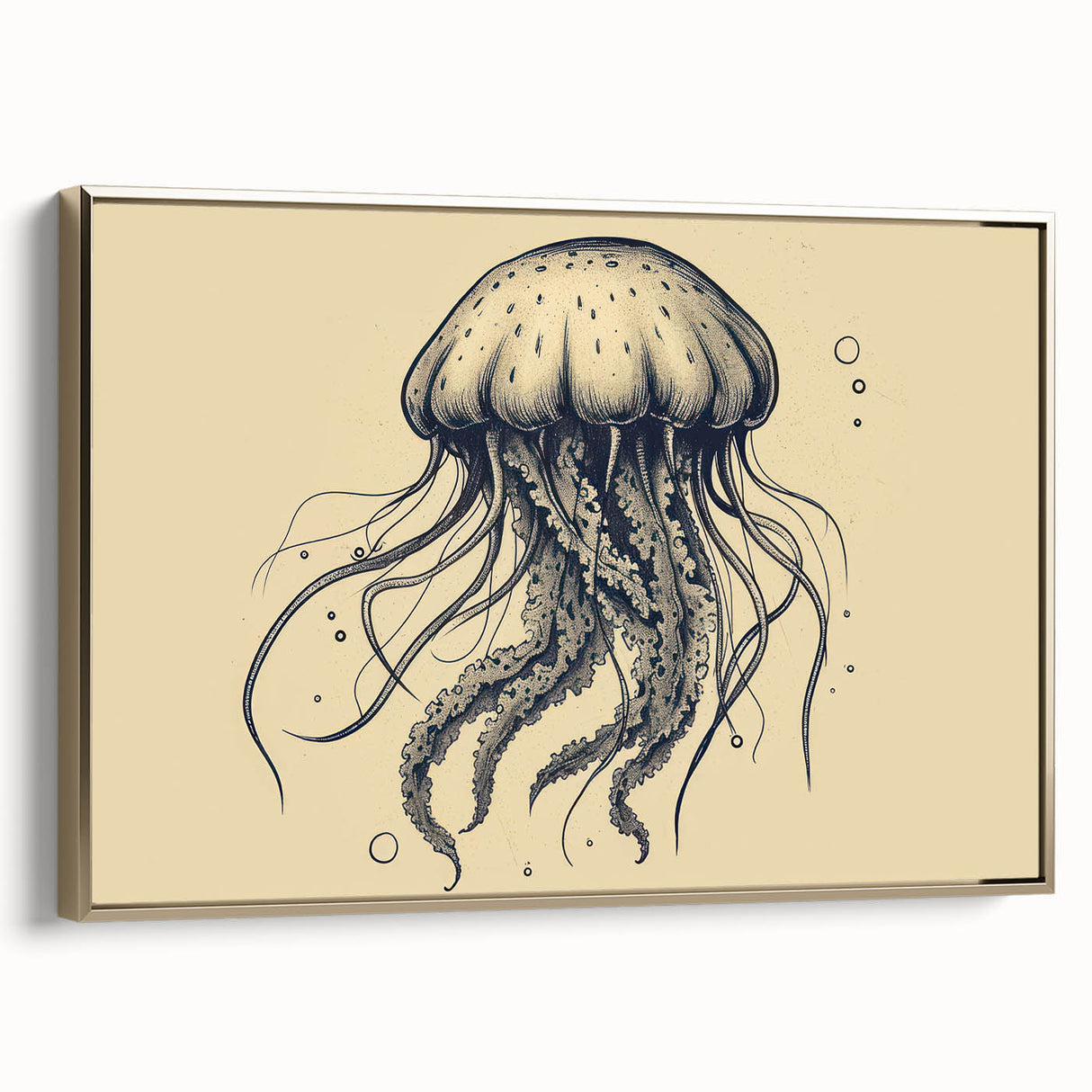 Framed wall art showcasing a vibrant jellyfish design in shades of blue and gold, set against a textured background, ideal for marine-themed decor.