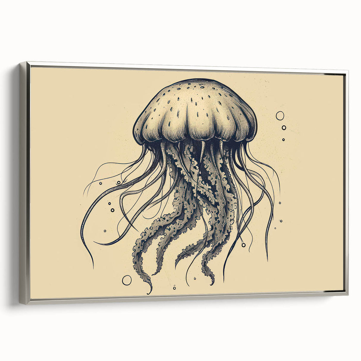 Framed wall art featuring a stunning jellyfish design in vibrant colors, set against a sleek silver frame, ideal for marine-themed decor and ocean lovers.