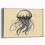 Framed wall art featuring a stunning jellyfish design in vibrant colors, set against a sleek silver frame, ideal for marine-themed decor and ocean lovers.