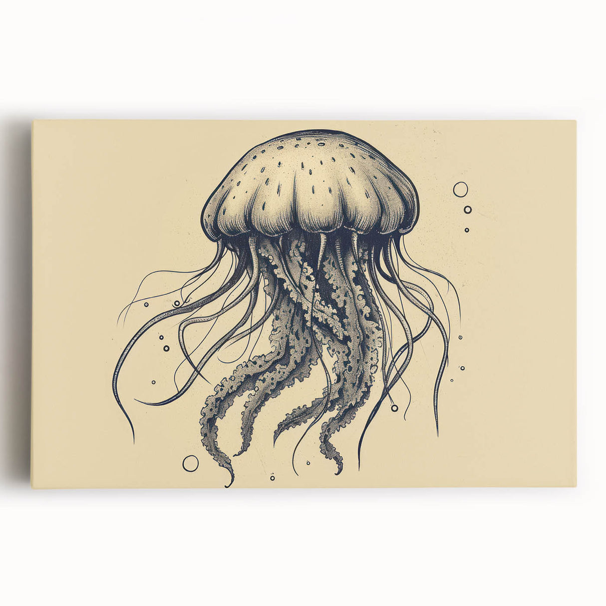 Vibrant jellyfish wall art design on stretched canvas, showcasing intricate details and fluid colors, perfect for marine life enthusiasts and modern home decor.