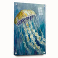 Colorful jellyfish wall art design displayed in a sleek acrylic frame, showcasing a side view with mounting pins, perfect for marine life enthusiasts.