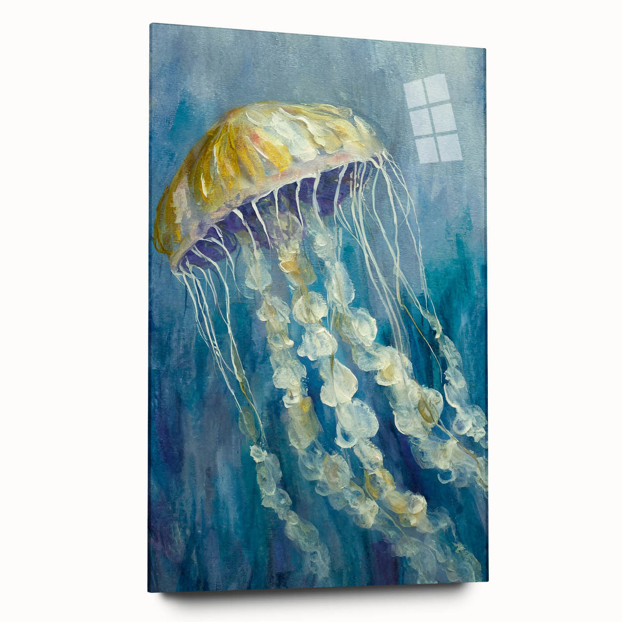 Acrylic glass wall art featuring a vibrant jellyfish design in shades of blue and purple, showcasing marine life intricacies, perfect for ocean-themed decor.