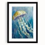 Elegant black-framed wall art showcasing a stunning jellyfish design in vibrant colors, perfect for marine life enthusiasts, adding a touch of ocean-inspired decor to any room.