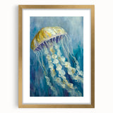 Elegant gold-framed wall art showcasing a stunning jellyfish design, featuring vibrant colors and intricate details, perfect for marine life enthusiasts and modern decor.