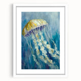 Framed wall art featuring a vibrant jellyfish design in shades of blue and purple, set against a white mat, ideal for marine life decor enthusiasts.