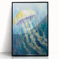 Framed wall art featuring a vibrant jellyfish design in a marine life theme, with a sleek black frame, perfect for ocean-inspired decor in modern interiors.