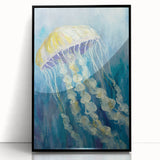 Framed wall art featuring a vibrant jellyfish design in a marine life theme, with a sleek black frame, perfect for ocean-inspired decor in modern interiors.