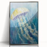 Framed acrylic wall art showcasing a vibrant jellyfish design in shades of blue and purple, set against a sleek silver frame, ideal for marine-themed decor.