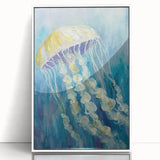 Framed acrylic wall art featuring a vibrant marine life jellyfish design in shades of blue and purple, showcasing intricate details and a modern aesthetic. Perfect for ocean-themed decor.