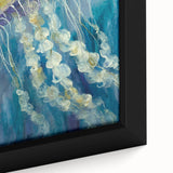 Close-up of a vibrant jellyfish design in a framed canvas wall art, showcasing intricate details and vivid colors, perfect for marine life enthusiasts and home decor.