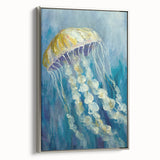 Framed wall art showcasing a vibrant marine life jellyfish design on a silver background, perfect for ocean-themed decor, emphasizing color and depth.