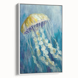 Framed wall art showcasing a vibrant jellyfish design in shades of blue and purple, perfect for marine life enthusiasts, displayed against a white background.