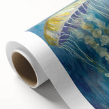 Colorful jellyfish swimming gracefully in an ocean-themed design, printed on rolled canvas, ideal for marine life decor and artistic wall displays.