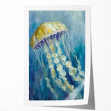 Colorful jellyfish wall art print showcasing vibrant marine life in a fluid design, perfect for ocean-themed decor, rolled for easy display and shipping.
