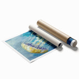 Vibrant rolled print of marine life featuring a stunning jellyfish design in blues and purples, ideal for ocean-themed decor and art enthusiasts.