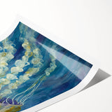 Jellyfish-themed wall art print featuring vibrant blue and purple hues, showcasing intricate details and fluid shapes of marine life, perfect for ocean-inspired decor.