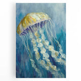 Stretched canvas wall art showcasing a vibrant jellyfish design in shades of blue and purple, perfect for marine life enthusiasts and modern decor.