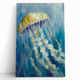 Stretched canvas wall art featuring a vibrant jellyfish design in shades of blue and purple, perfect for marine life enthusiasts and ocean-themed decor.