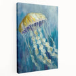 Stretched canvas art showcasing a vibrant jellyfish design in blues and purples, ideal for marine-themed decor. Perfect for adding a touch of ocean beauty to any room.